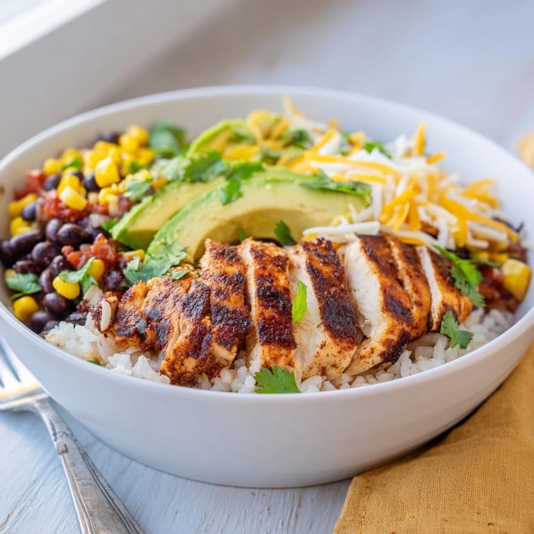 Spicy Chicken Burrito Bowl with sliced chicken, fluffy rice, beans, corn, and zesty lime wedges on a rustic wooden table.