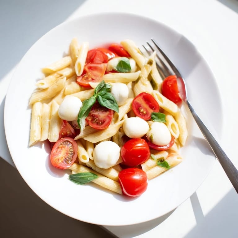 Close-up of Caprese Salad Pasta tossed in olive oil, with balsamic glaze drizzled over the vibrant ingredients.  