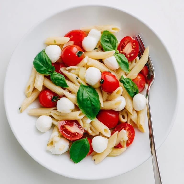 Serving suggestion for Caprese Salad Pasta garnished with extra basil, ready for a light vegetarian main course.