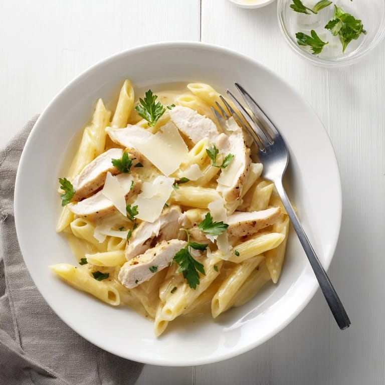 A comforting plate of Roasted Garlic Chicken Penne features tender pasta and juicy chicken in a velvety, oven-roasted garlic cream sauce.