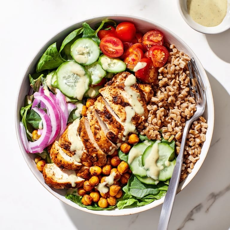 Bright lemon-tahini sauce glistens on a vibrant Mediterranean-inspired bowl with tomatoes, cucumber, and red onion for a fresh, weeknight-friendly meal.