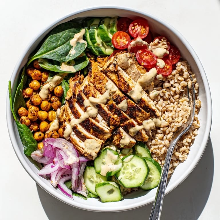 Sliced roasted chicken breast rests atop tender farro and crisp greens, while crispy chickpeas add texture to this satisfying Lemon Tahini Chicken Power Bowl.