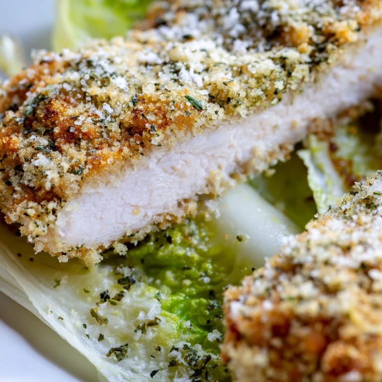 Warm pita pockets stuffed with crispy herbed chicken and crunchy Caesar salad, perfect for dinner.