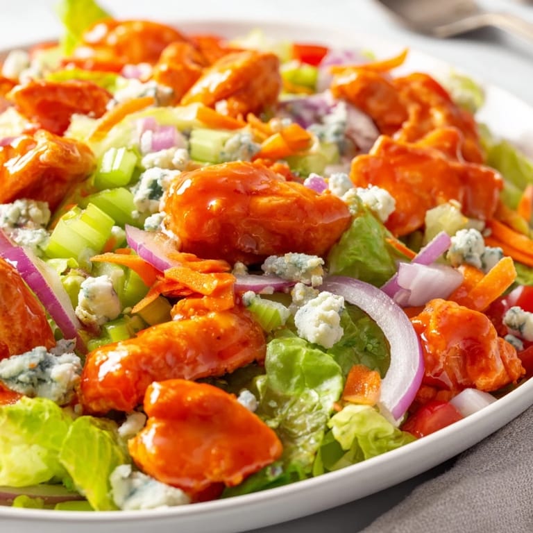 A hearty Buffalo Chicken Chopped Salad served on a white plate, perfect for a quick, zesty lunch or light dinner.