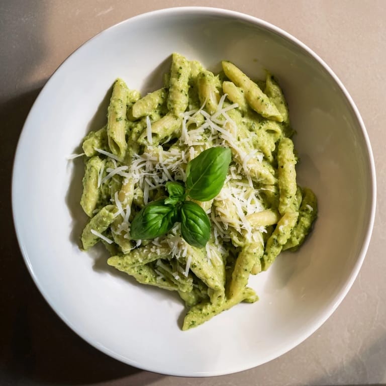 A close-up of creamy avocado pesto mac, garnished with fresh basil and grated Parmesan for a cheesy finish.