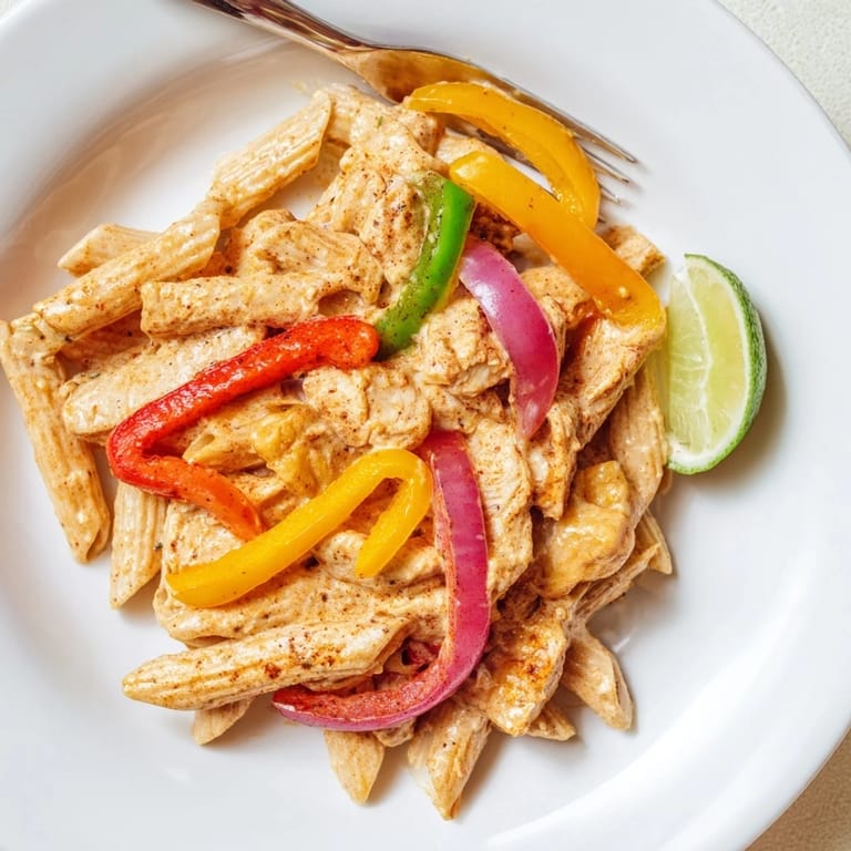 A close-up of Fajita Chicken Pasta Skillet highlights melted cheddar and mozzarella on pasta and veggies.  