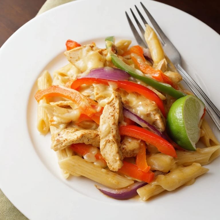 Serving suggestion for Fajita Chicken Pasta Skillet with fresh cilantro, lime wedges, and jalapeños.