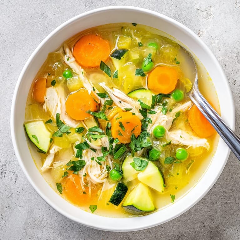 Spring Garden Chicken Soup served in a ceramic mug beside crusty artisan bread, perfect for a cozy, light lunch.