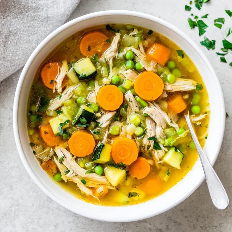 Steaming pot of Spring Garden Chicken Soup on a rustic kitchen counter, garnished with fresh parsley and a lemon wedge for extra brightness. 