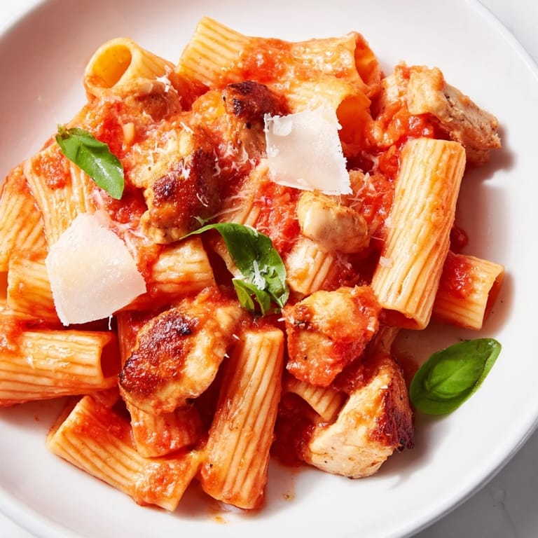 Steaming Tomato Basil Chicken Pasta in a skillet, topped with fresh basil leaves and a sprinkle of grated Parmesan.