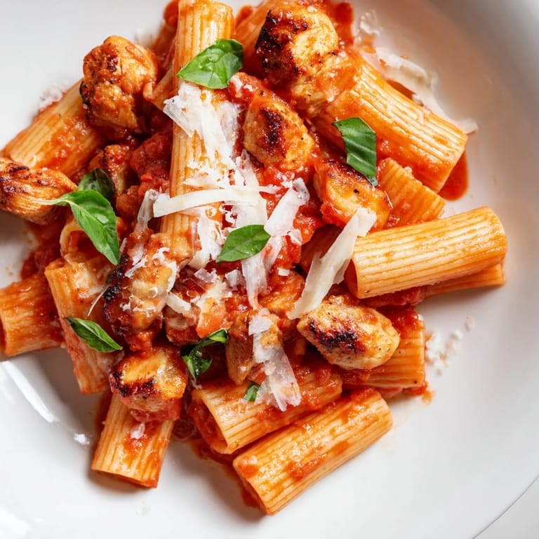 Savory Tomato Basil Chicken Pasta served in a shallow bowl, finished with fresh basil and extra Parmesan cheese.