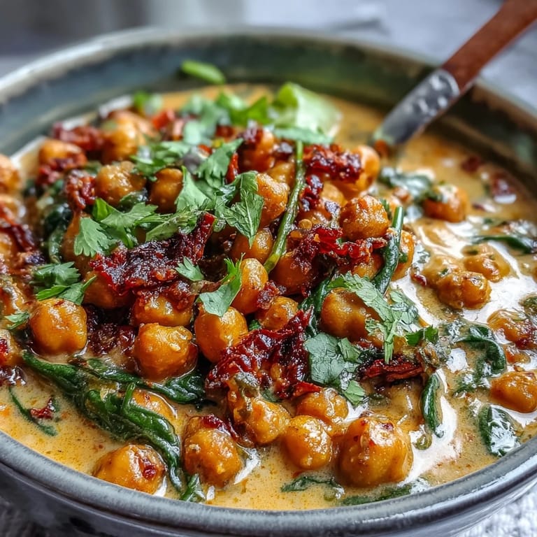 Hearty chickpea curry bubbling with fragrant spices and tender onions.