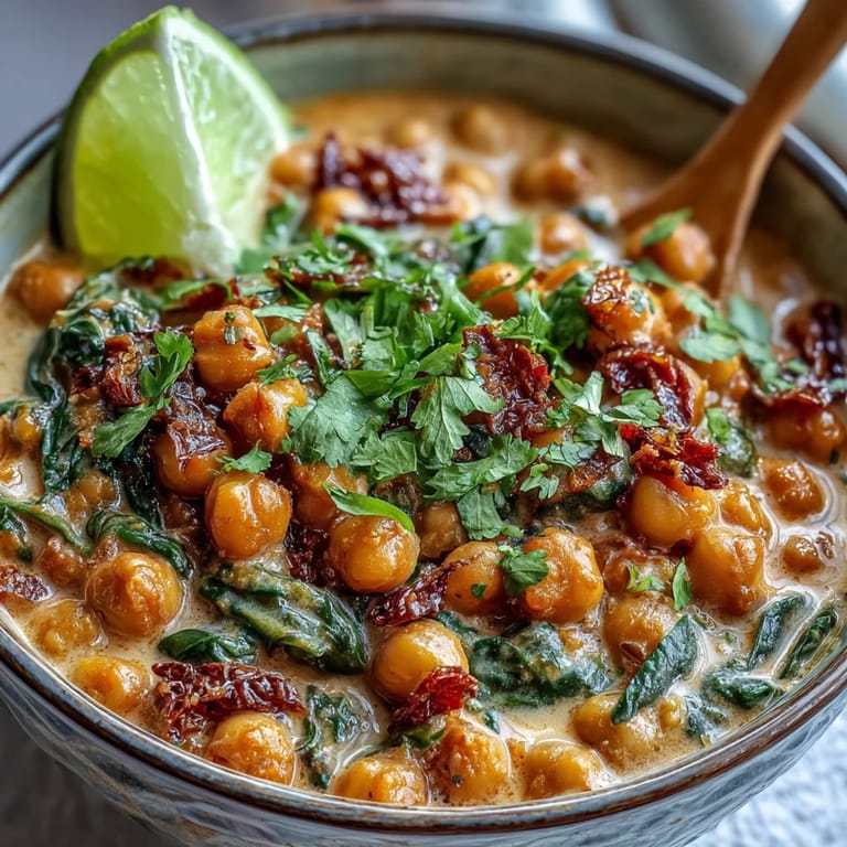Delicious, easy chickpea curry garnished with fresh cilantro and lime wedges.