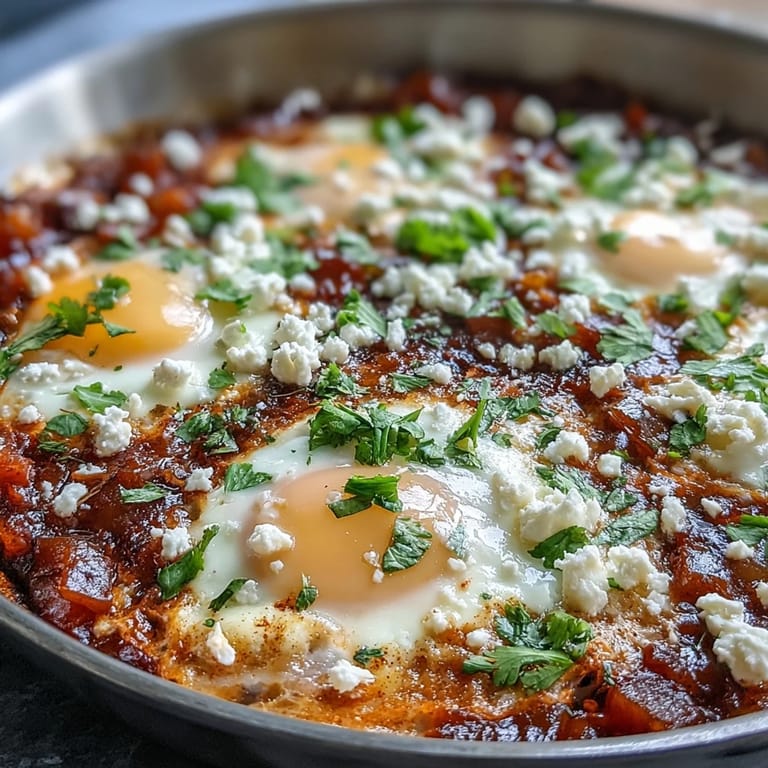 Hearty Shakshuka, ideal for breakfast, bursts with colorful vegetables and warm spices.