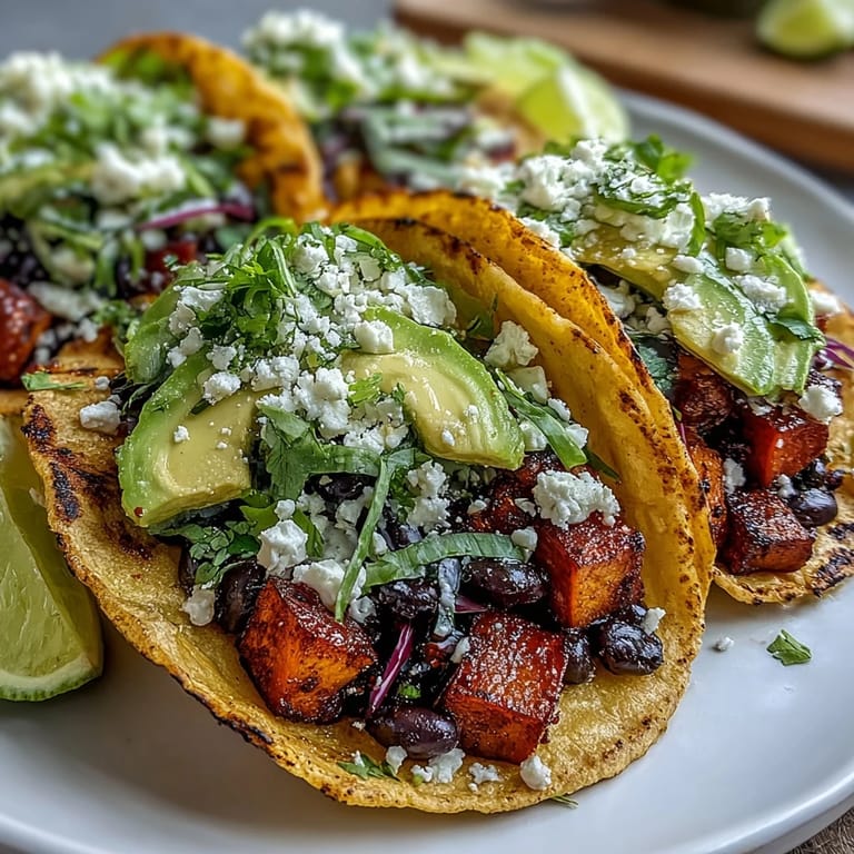 Delicious Black Bean and Sweet Potato Tacos, ready to be devoured with lime wedges.
