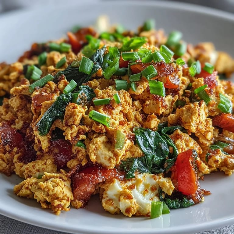 Hearty tofu scramble, lightly spiced and protein-rich, served with fresh herbs.
