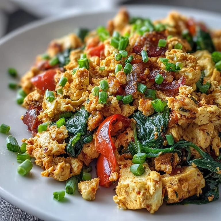 Golden tofu scramble dish, a delicious plant-based alternative to classic eggs.