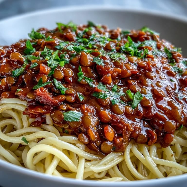 Golden spaghetti topped with savory Lentil Bolognese, sprinkled with fresh basil.