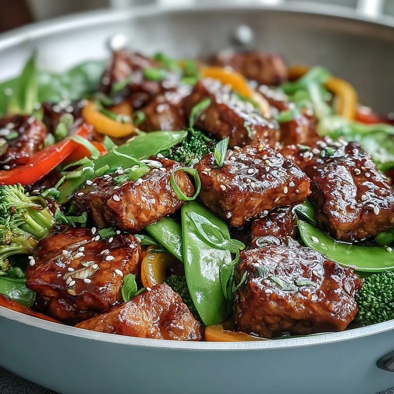 A vibrant close-up of nutty tempeh and crisp veggies in a glossy sauce.