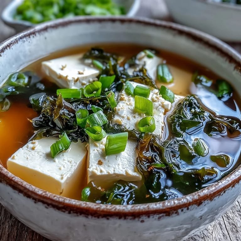 Deliciously light miso soup with tender tofu and seaweed, perfect starter.