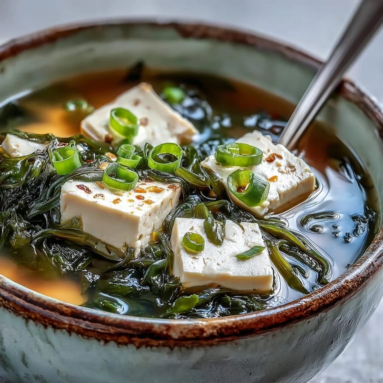 A cozy bowl of vegetarian miso soup with soft tofu, warming the soul.