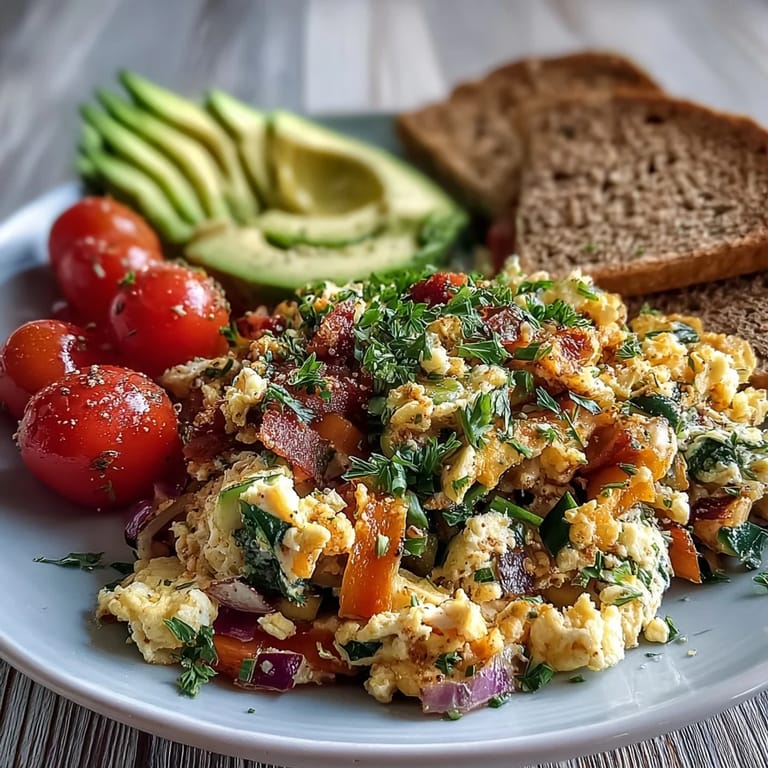 Bright, colorful egg and vegetable scramble, a healthy, hearty breakfast option.