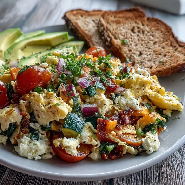 Delicious egg and vegetable scramble served hot, kissed with fresh herbs.