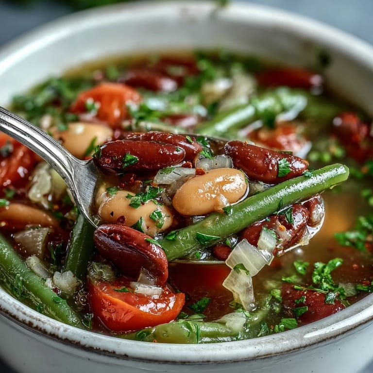 Steam rises from a hearty bowl of Three-Bean Salad Soup, garnished with fresh parsley and a sprinkle of red pepper flakes, served warm in a rustic ceramic bowl.
