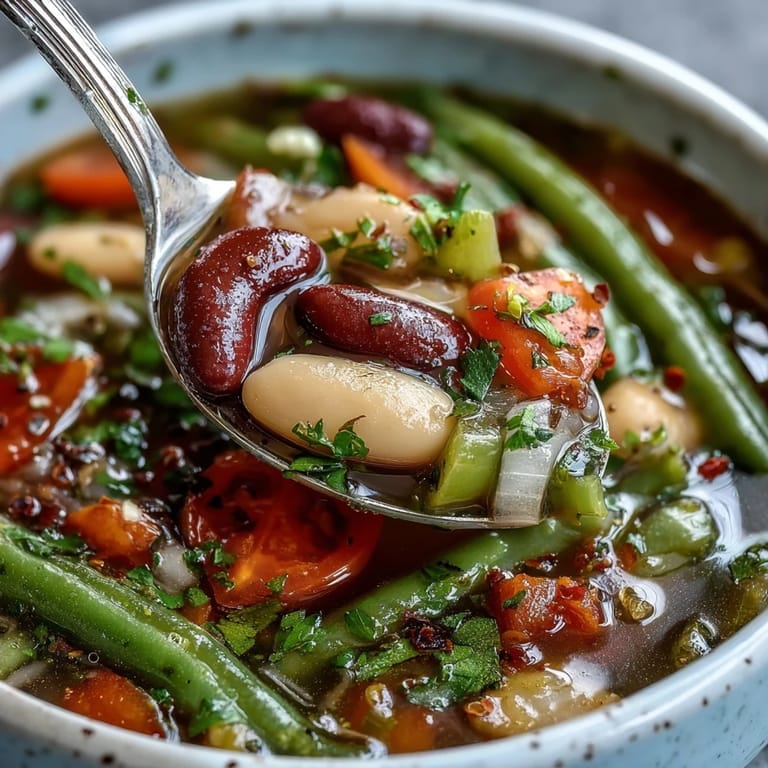 A ladle lifts a savory serving of Three-Bean Salad Soup from a large pot, revealing tender beans, crisp celery, and vibrant vegetables simmering in a tangy broth.