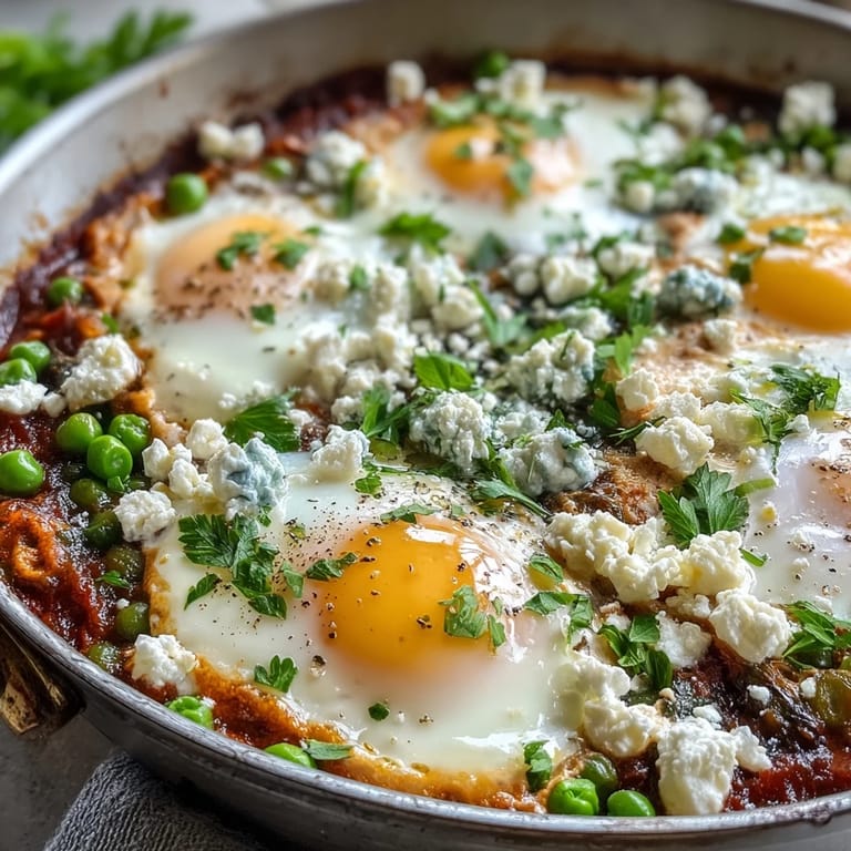 Top-down view of Pea and Broad Bean Shakshuka bubbling in a cast iron skillet, garnished with fresh herbs and feta.