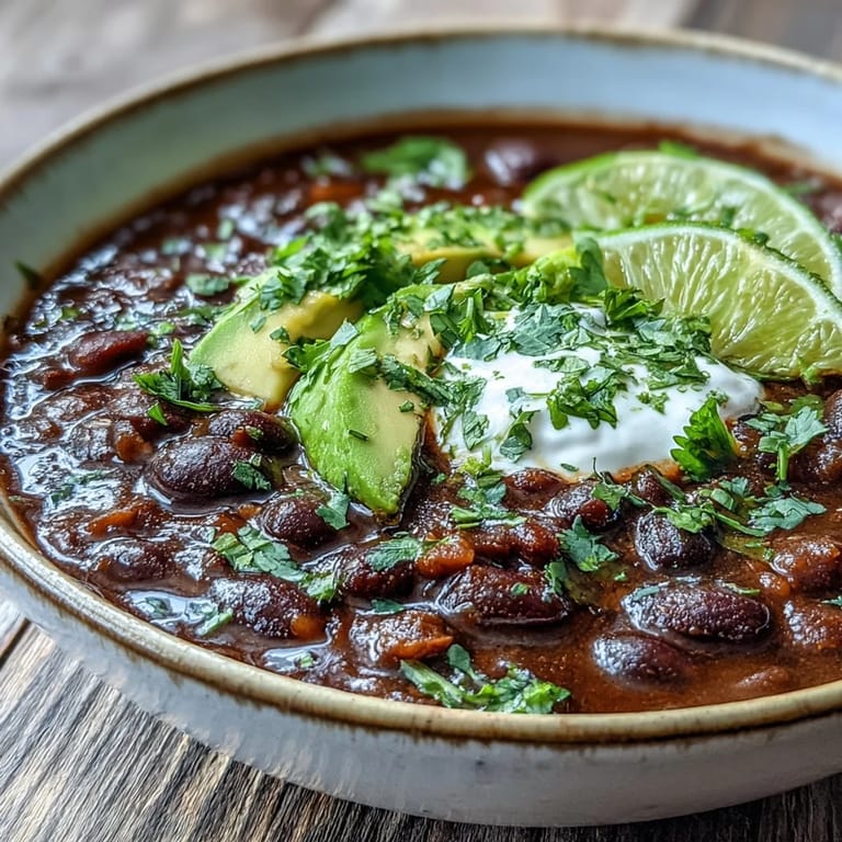 Hearty black bean soup garnished with sour cream and red onion, paired with warm crusty bread.