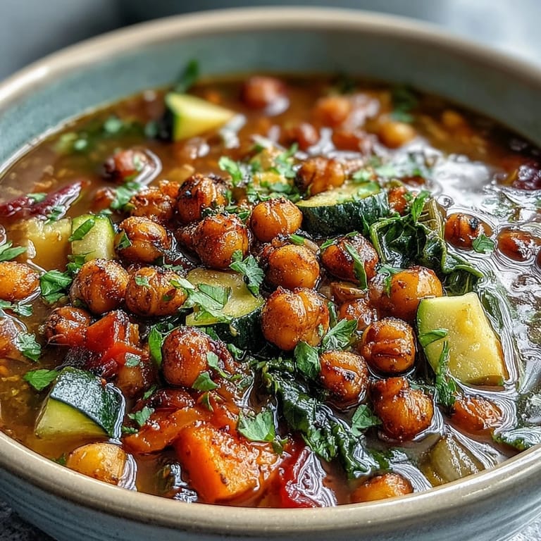 Bowl of hearty Spiced Chickpea and Vegetable Soup with wilted kale and diced carrots, ready to serve on a cozy table.