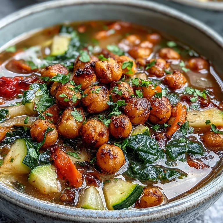 A ladle pouring aromatic Spiced Chickpea and Vegetable Soup with roasted chickpeas and red bell peppers into a rustic bowl.