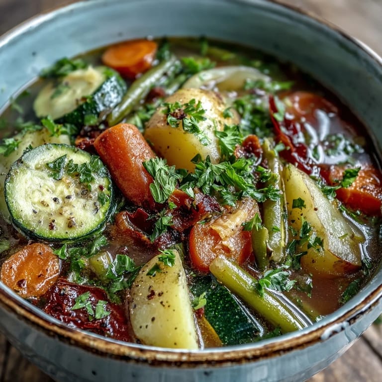 Potato and Vegetable Soup served in a white ceramic bowl, garnished with fresh parsley and a ladle resting beside it on a cozy wooden table.