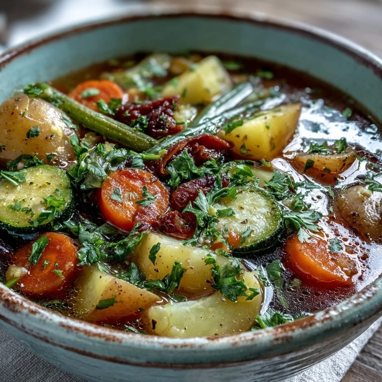 Hearty Potato and Vegetable Soup brimming with diced potatoes, carrots, and green beans, ready to be enjoyed with crusty bread for dipping.