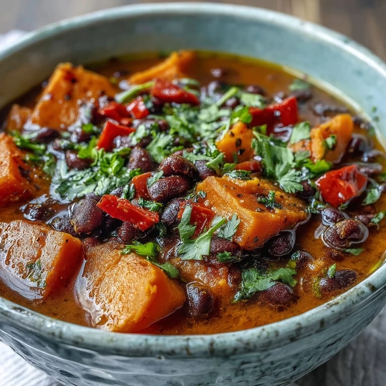 A close-up of hearty Sweet Potato and Black Bean Soup topped with avocado slices and served with crusty bread.