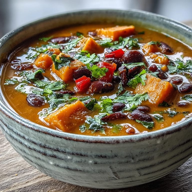 Warm Sweet Potato and Black Bean Soup in a pot, garnished with cilantro and a squeeze of lime for brightness.