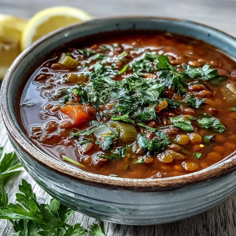 A close-up of a warm bowl of Tomato Lentil Soup, garnished with fresh parsley and a lemon wedge for brightness.