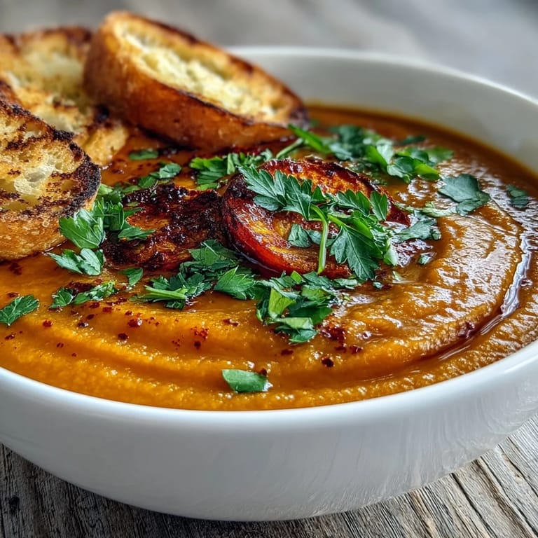 A bowl of velvety Roasted Vegetable Soup garnished with fresh parsley and croutons on a rustic table.