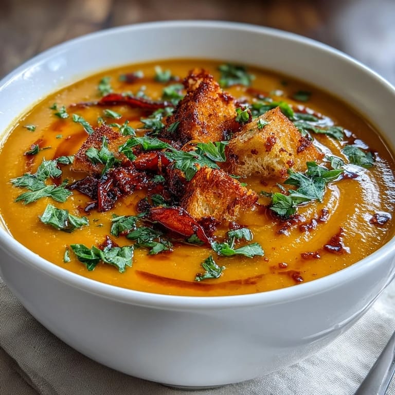 Smooth Roasted Vegetable Soup topped with toasted seeds and a drizzle of olive oil in a cozy kitchen.
