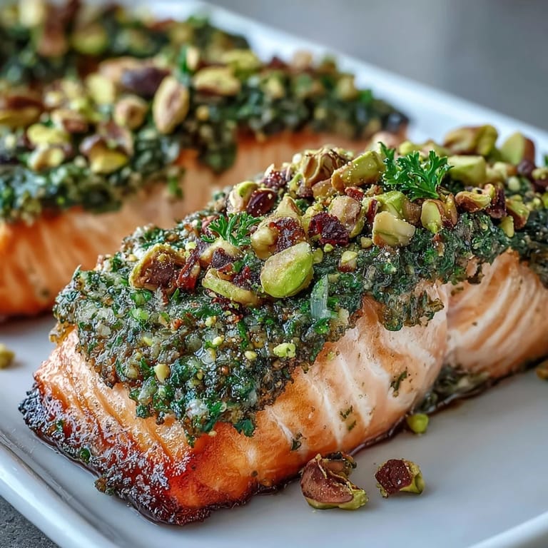 Freshly crusted Confit Salmon With Tahini, Pistachio and Herb Crust served with lemon wedges on a rustic wooden table.