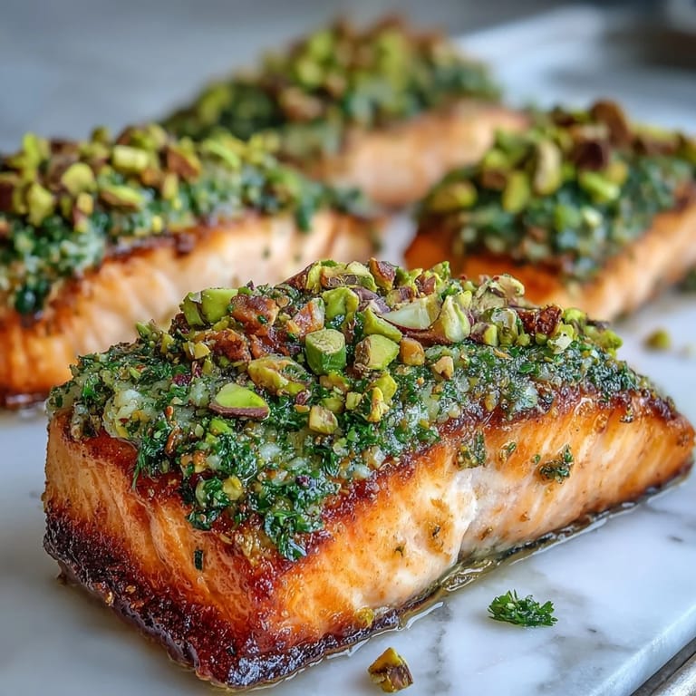 Tender Confit Salmon With Tahini, Pistachio and Herb Crust flaking with a fork, drizzled with olive oil and ready to serve.