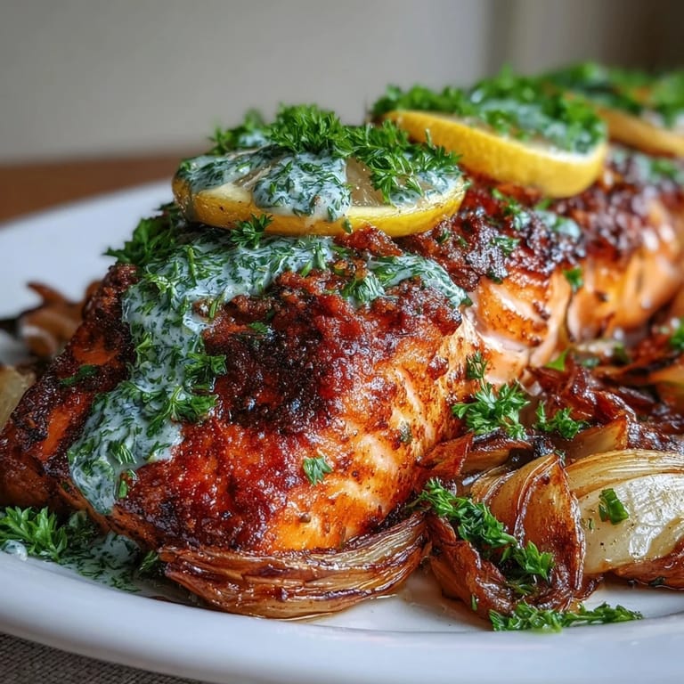 Sizzling One-Pan Roast Salmon with Leeks, Onions, and Parsley Dressing straight from the oven, garnished with fresh parsley and lemon slices.