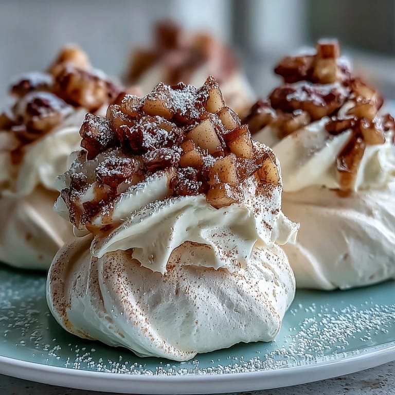 A close-up of Mini Hot Toddy Pavlovas reveals airy meringue textures and tender, warmly spiced poached pear pieces.