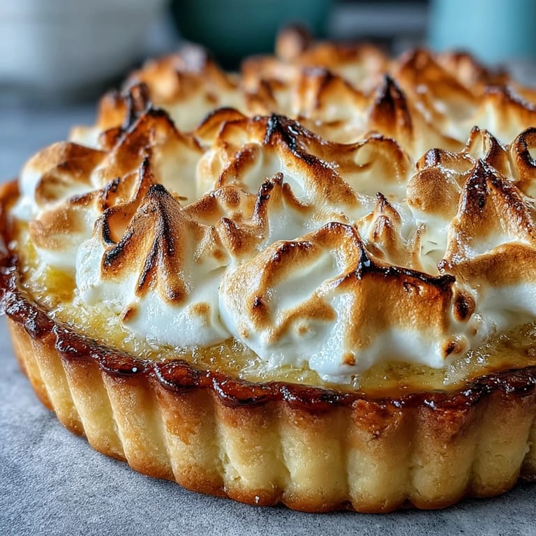 Close-up view of a perfect Lemon Meringue Pie, highlighting the fluffy, toasted meringue topping and the vibrant, smooth lemon custard filling.