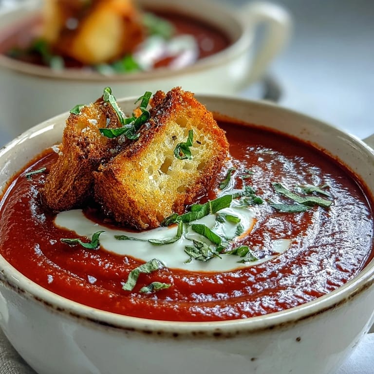 A bowl of roasted red pepper soup with croutons garnished with parsley, served with crusty bread on the side.