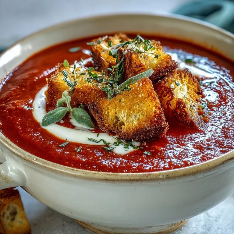 Roasted red pepper soup in a rustic bowl, steam rising, crispy croutons and a swirl of cream on top.