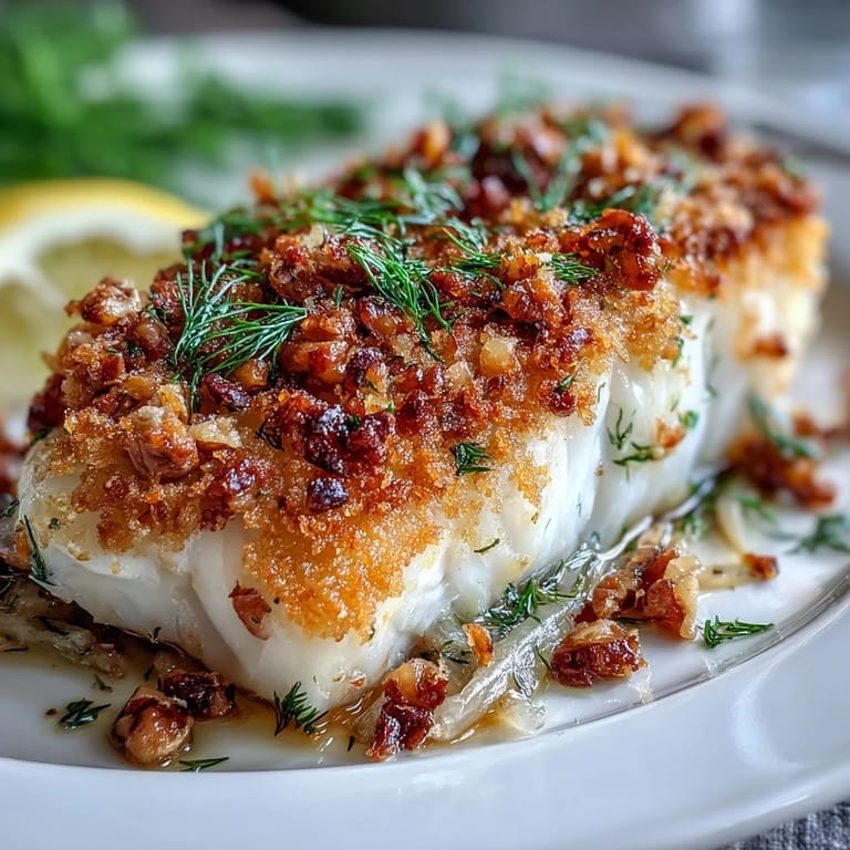 Tender halibut baked with fennel and finished with crispy walnut and lemon pangrattato for a savory crunch.