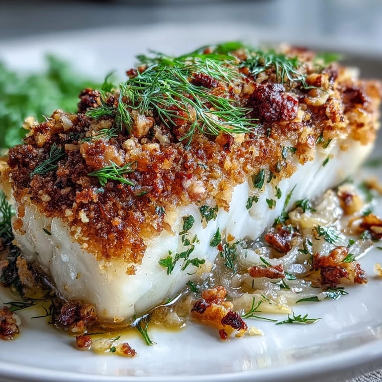A close-up of baked halibut with fennel, garnished with fresh parsley and a bright lemon-walnut pangrattato.