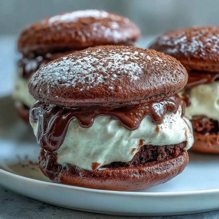 Two soft chocolate Tiramisu Whoopie Pies are stacked on a plate next to a steaming cup of espresso.